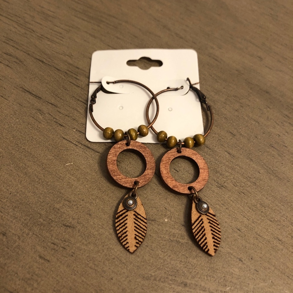 Bohemian Leaf Drop Wooden Earrings in Brown and Bronze Tones Costume Jewelry